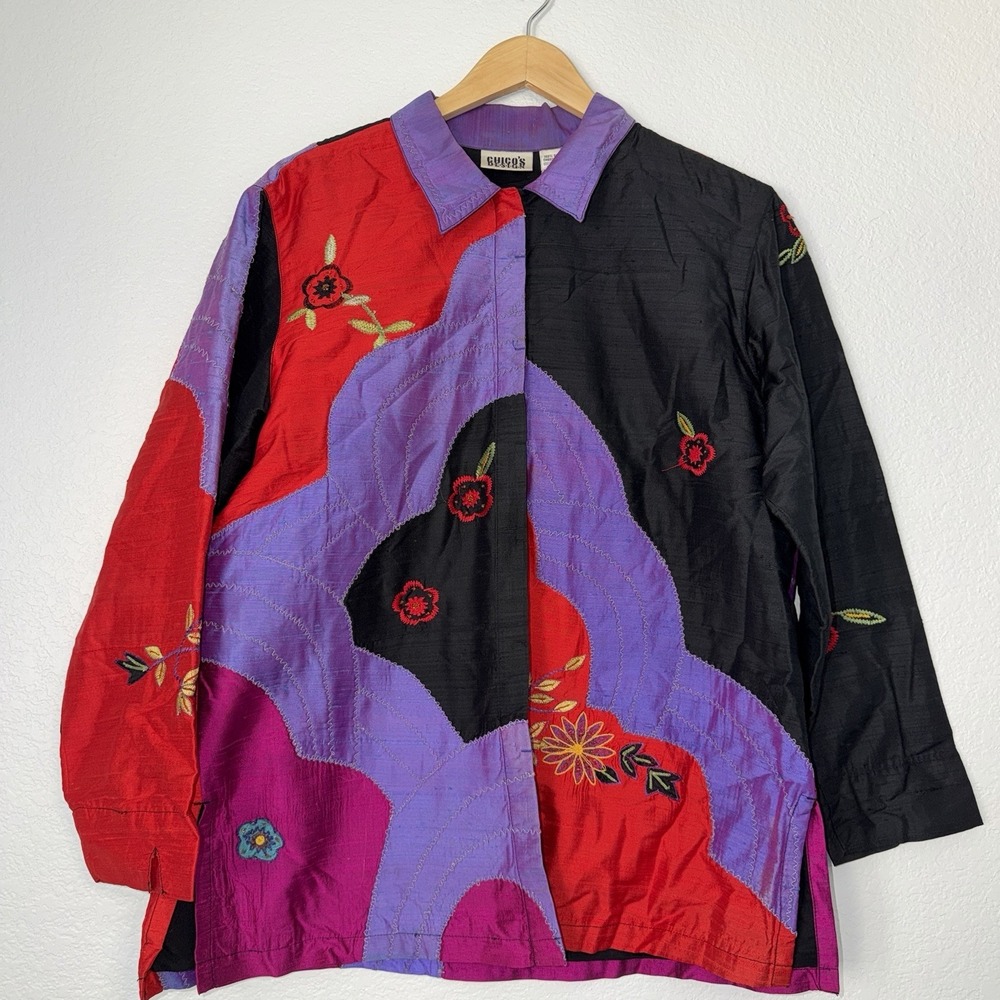Chico's Design Women's Vintage 100% Silk Jacket Button‎ Patchwork Size 2